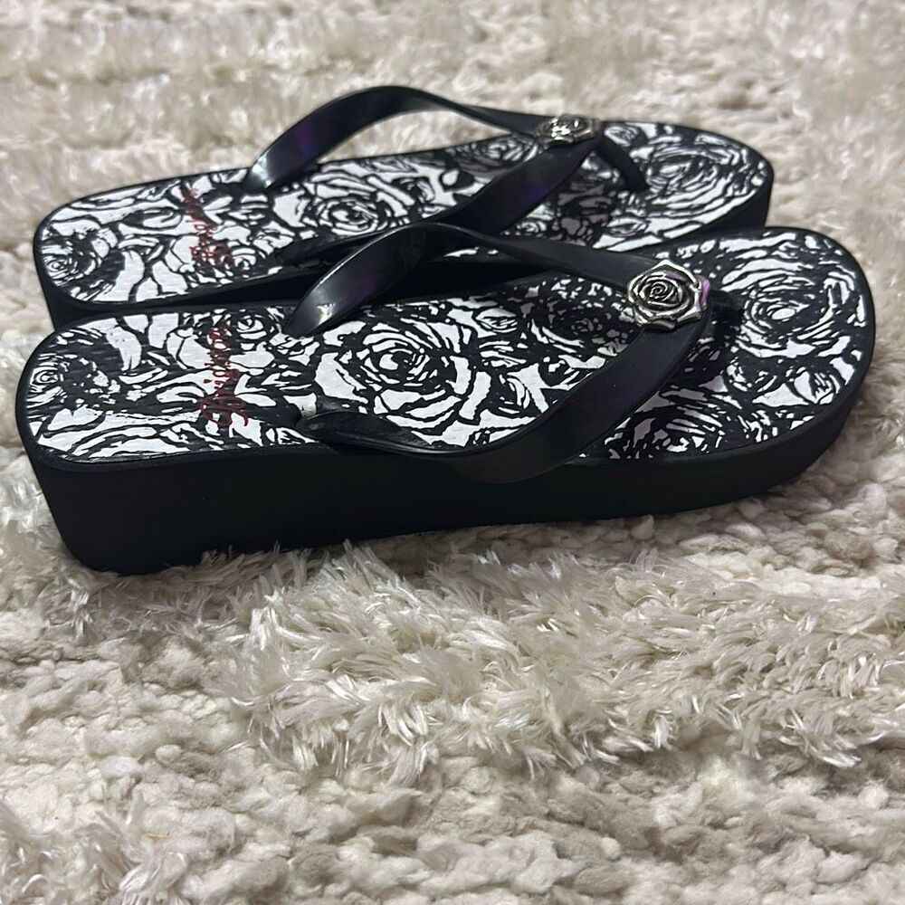 Brighton Malibu Black/White Rose Print Wedge Sandals Women’s Sz 7 - Picture 4 of 11